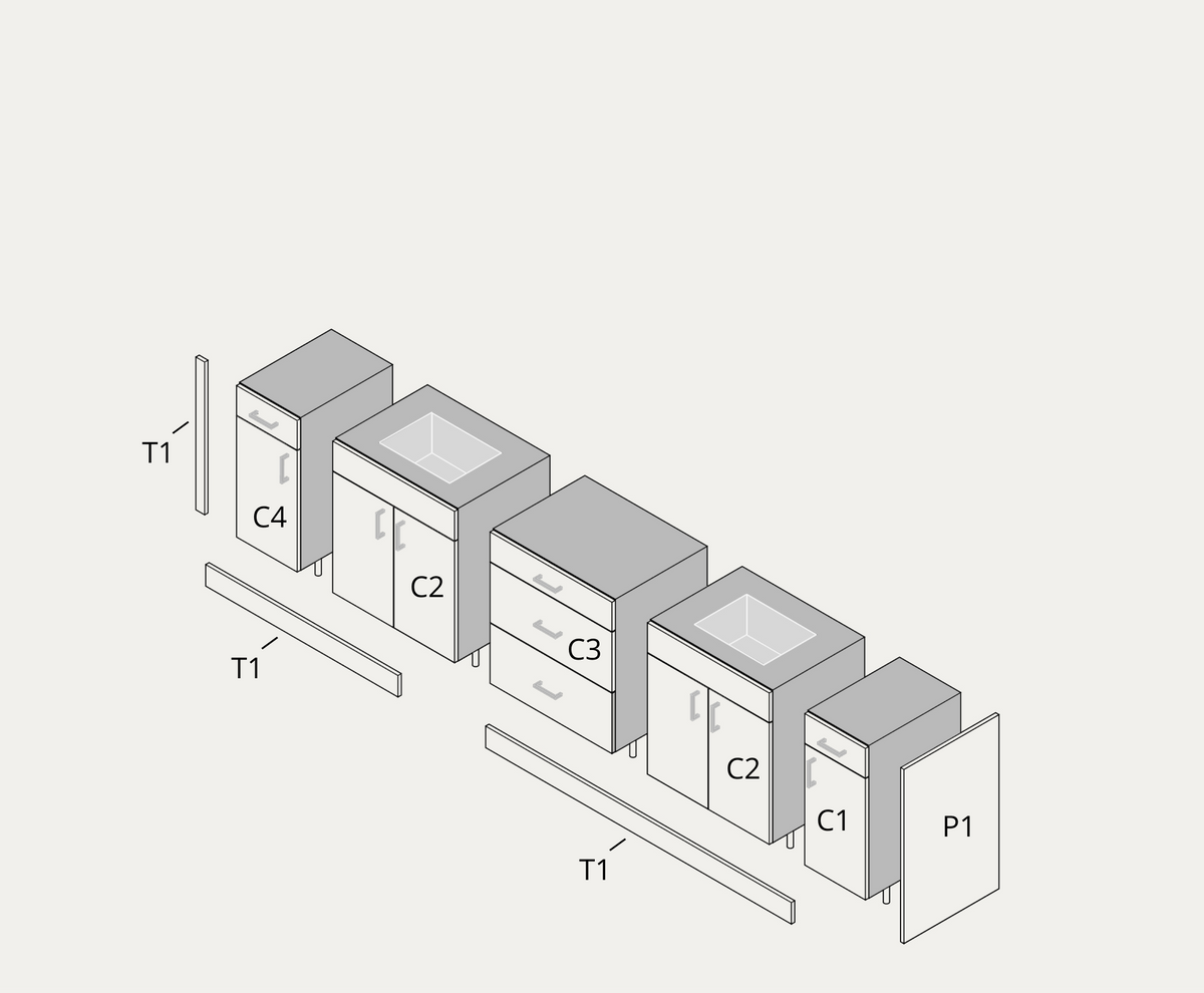 Double vanity example, exploded view with part labels