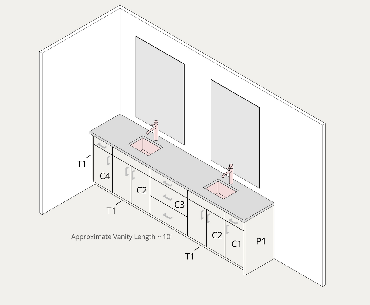 Double vanity example, assembled with part labels and approximate lengths