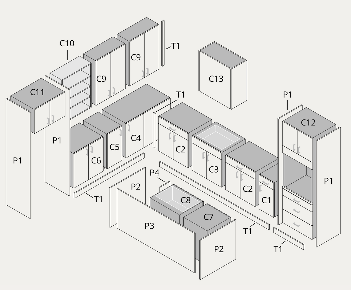 Large kitchen example, exploded view with part labels