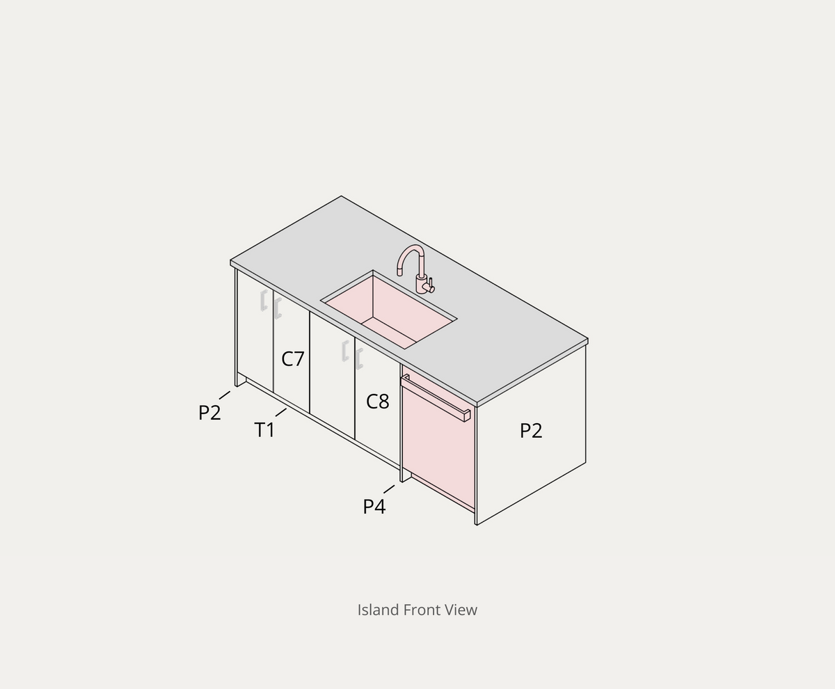 Large kitchen example, island front view with part labels