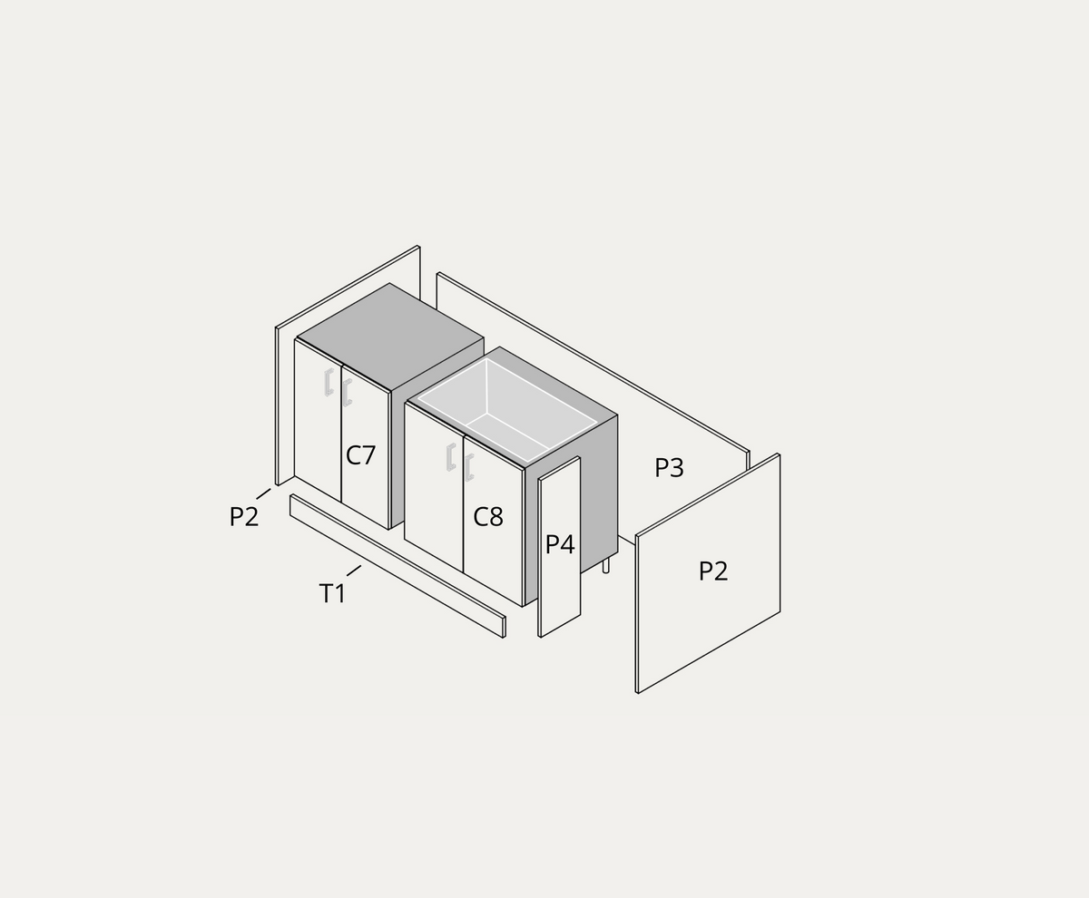 Large kitchen example, island exploded view with part labels