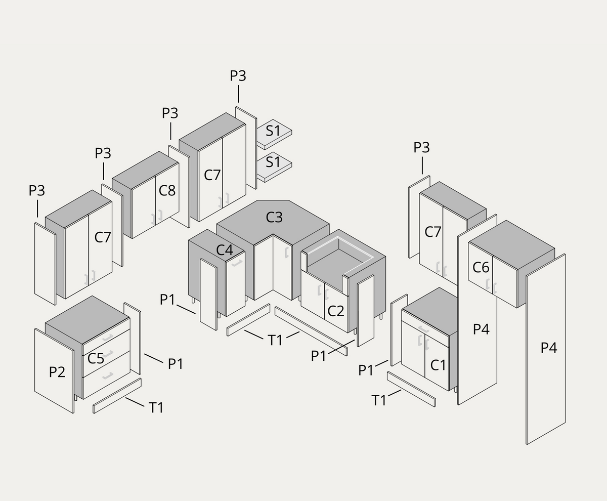 Medium kitchen example, exploded view with part labels