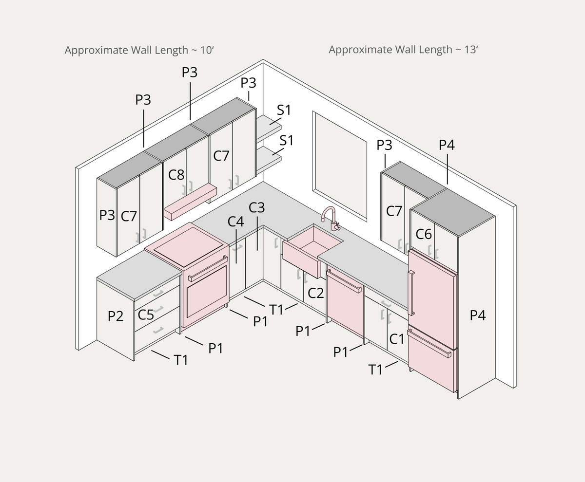 Medium kitchen example, assembled with part labels and approximate lengths
