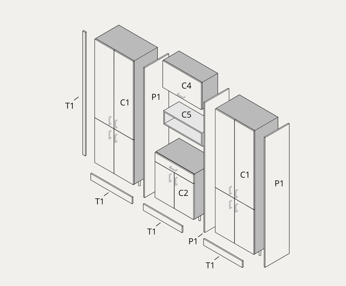 Pantry wall example, exploded view with part labels