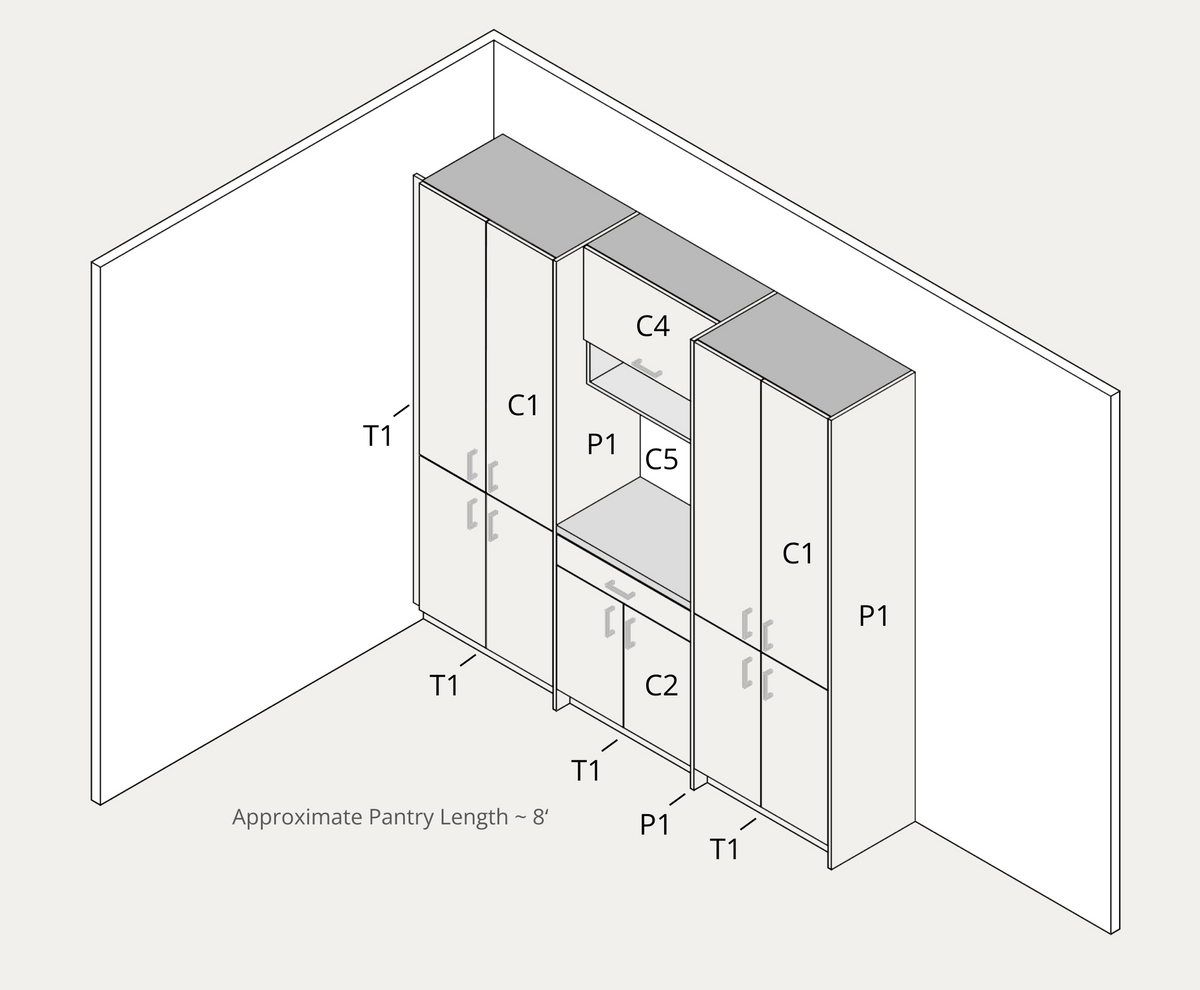 Pantry wall example, assembled with part labels and approximate lengths