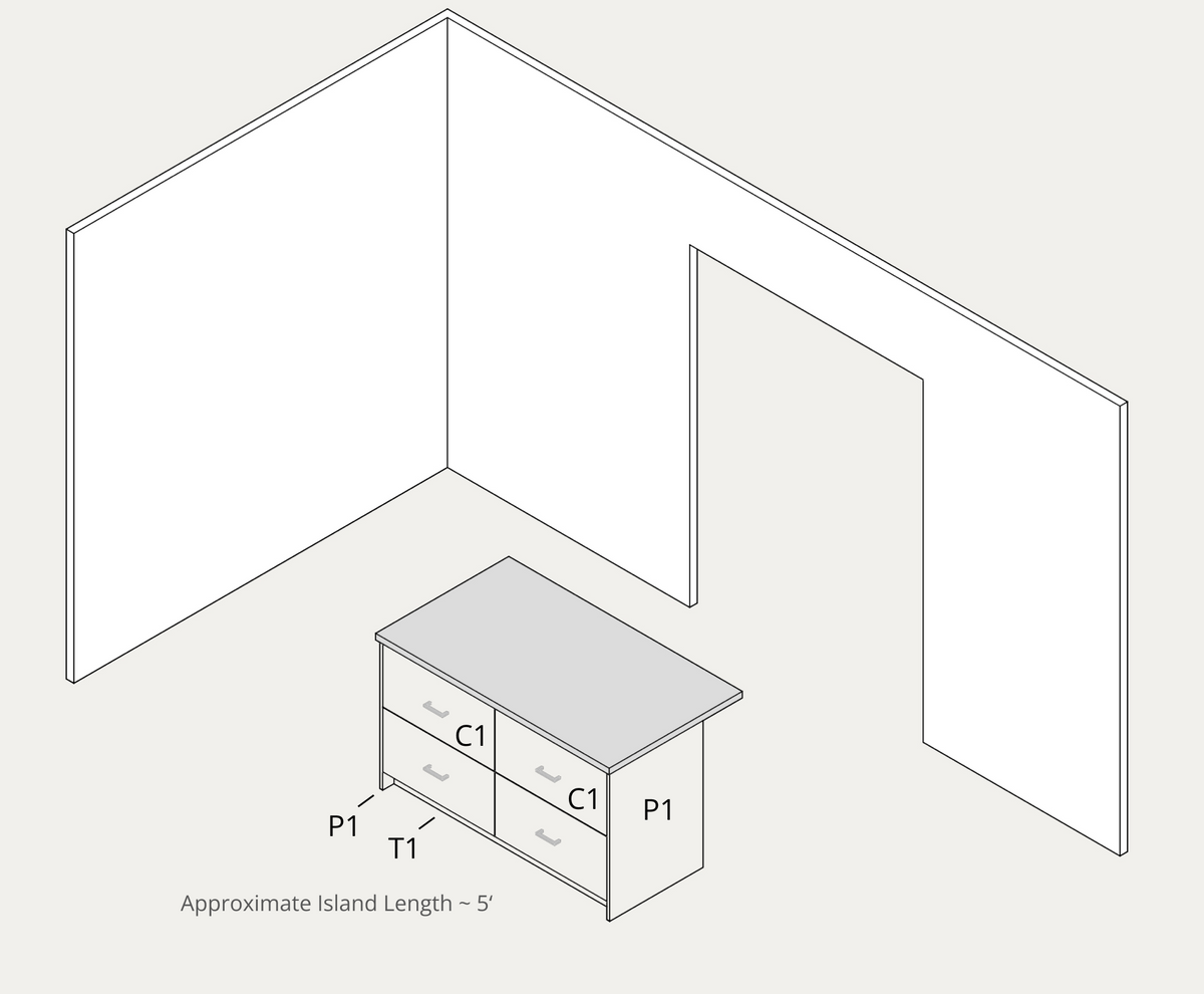 Simple island example, assembled with part labels and approximate lengths