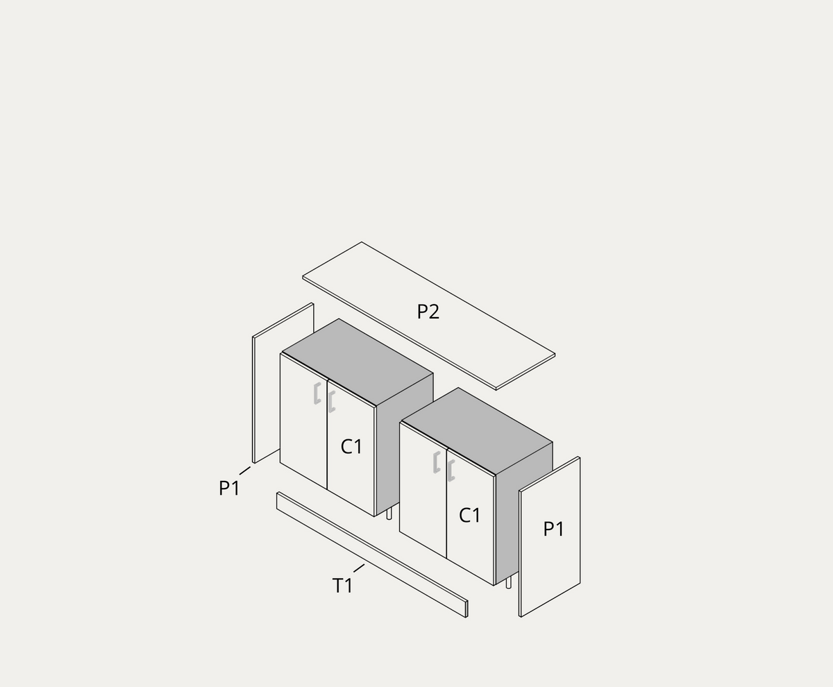 Simple sideboard example, exploded view with part labels