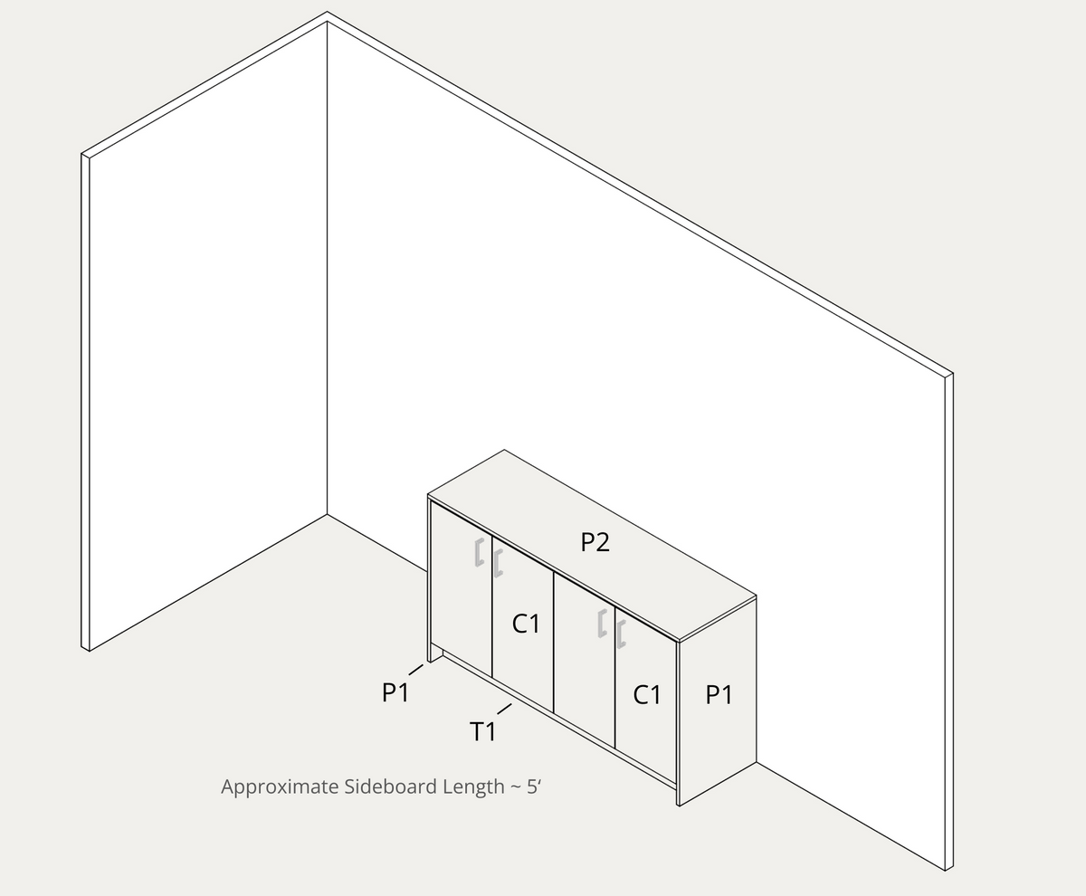 Simple sideboard example, assembled with part labels and approximate lengths