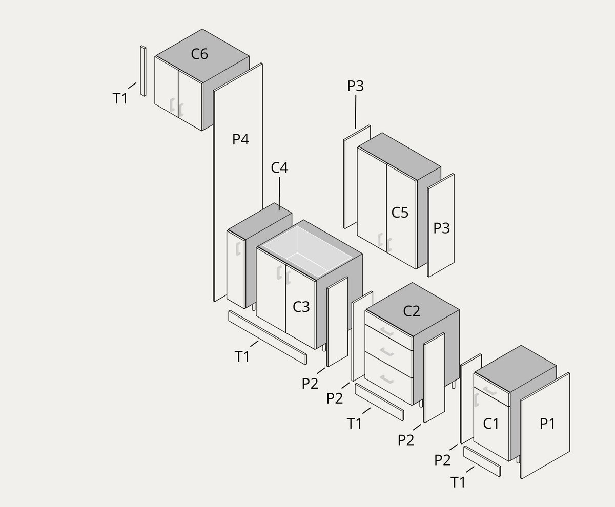 Small kitchen example, exploded view with part labels