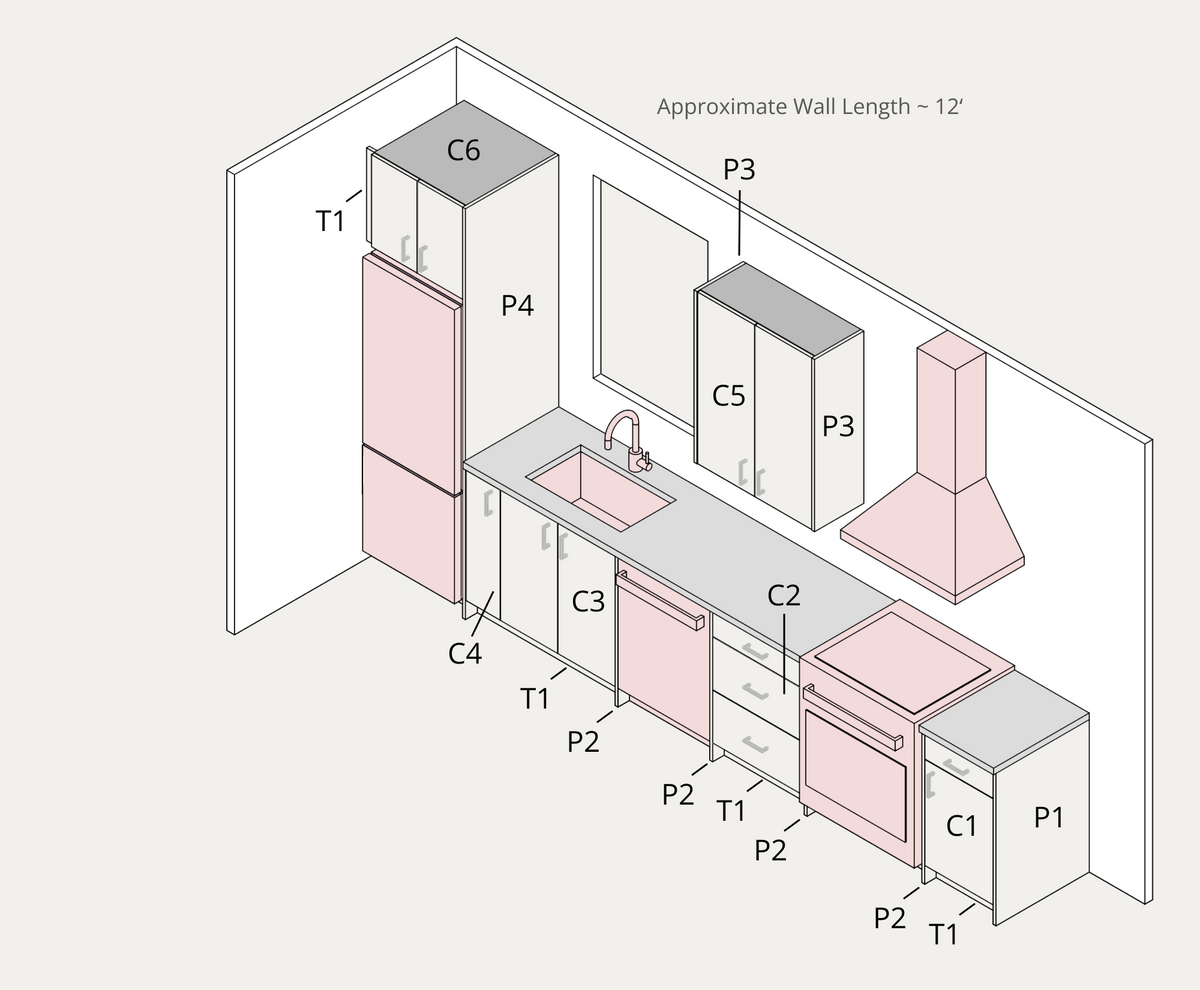 Small kitchen example, assembled with part labels and approximate lengths